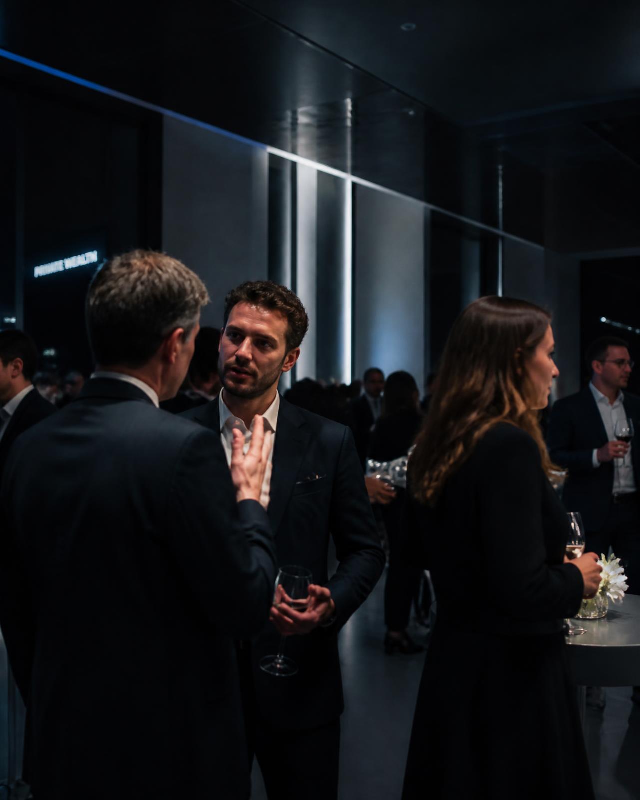 Professionals mingling at a modern corporate evening event